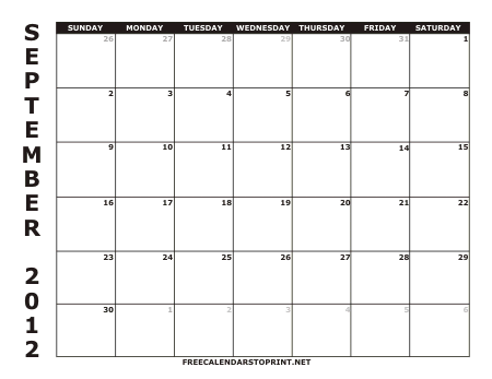 September 2012 Free Calendars To Print