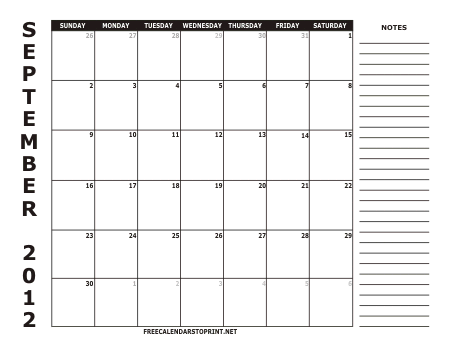 September 2012 Monthly Calendar